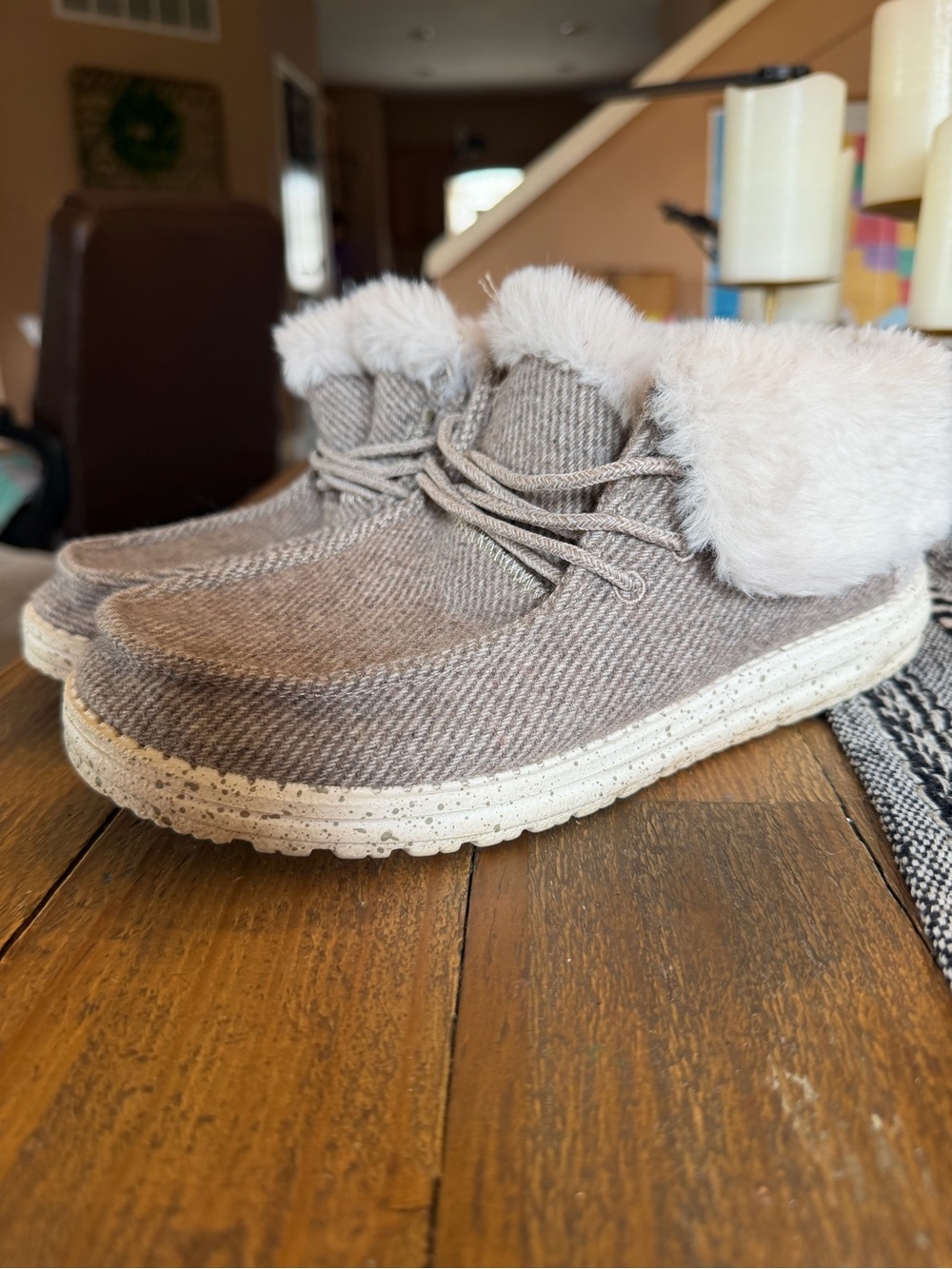 Hey Dude Women's Taupe Knit Faux-Fur Lined Moccasin Slip-On